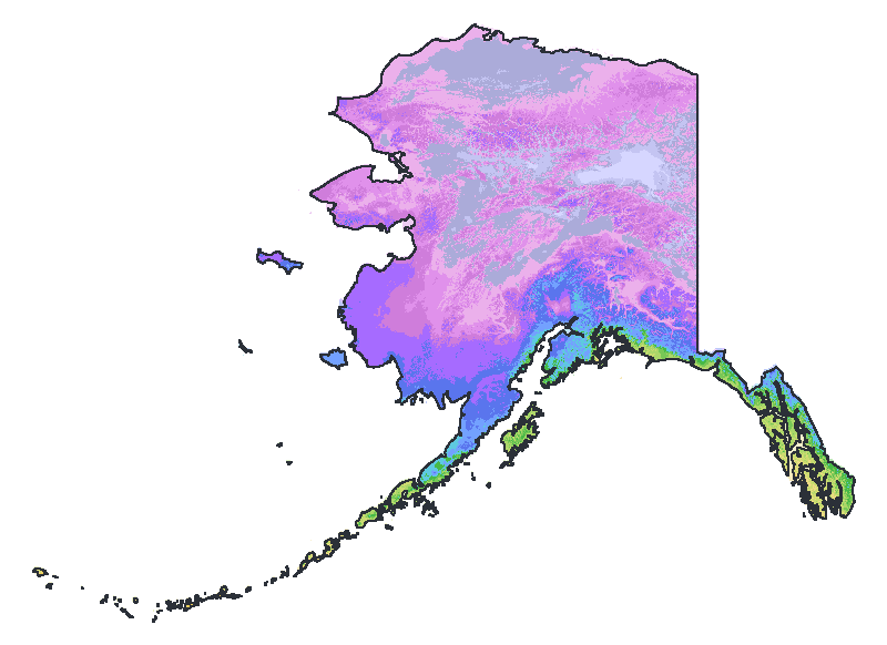 Map of the 2023 plant hardiness zones across Alaska, from zone 1a to zone 8b, with the state’s border drawn.