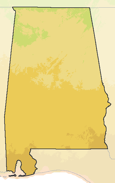 Map of the 2023 plant hardiness zones across Alabama, from zone 7b to zone 9b, with the state’s border drawn.