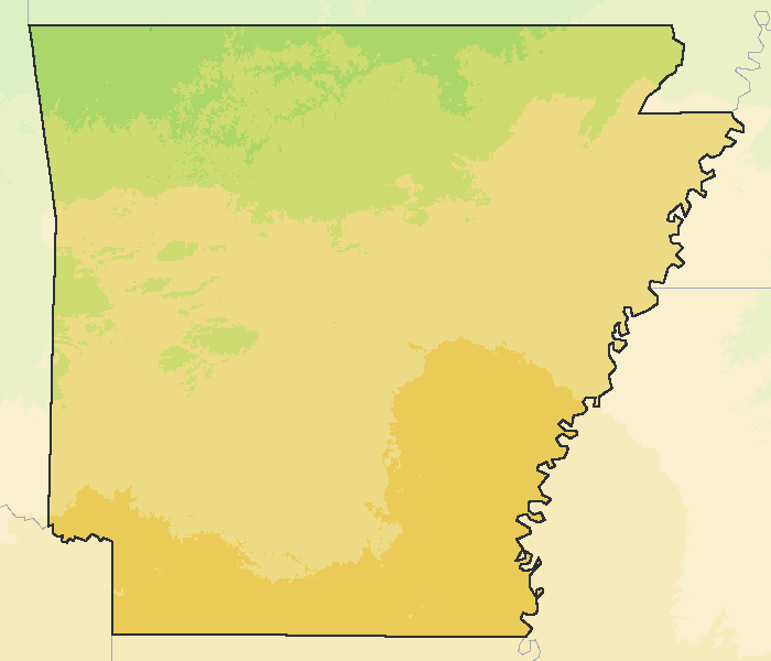 Map of the 2023 plant hardiness zones across Arkansas, from zone 7a to zone 8b, with the state’s border drawn.