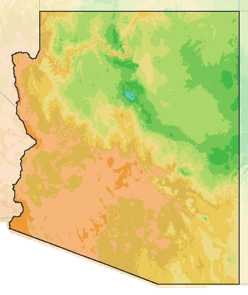Map of the 2023 plant hardiness zones across Arizona, from zone 5b to zone 10a, with the state’s border drawn.