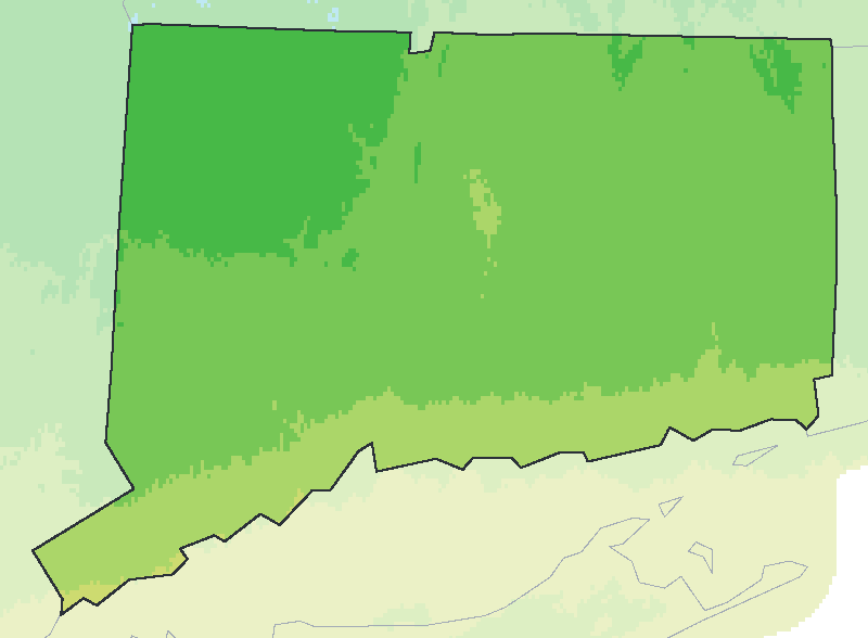 Map of the 2023 plant hardiness zones across Connecticut, from zone 6a to zone 7b, with the state’s border drawn.