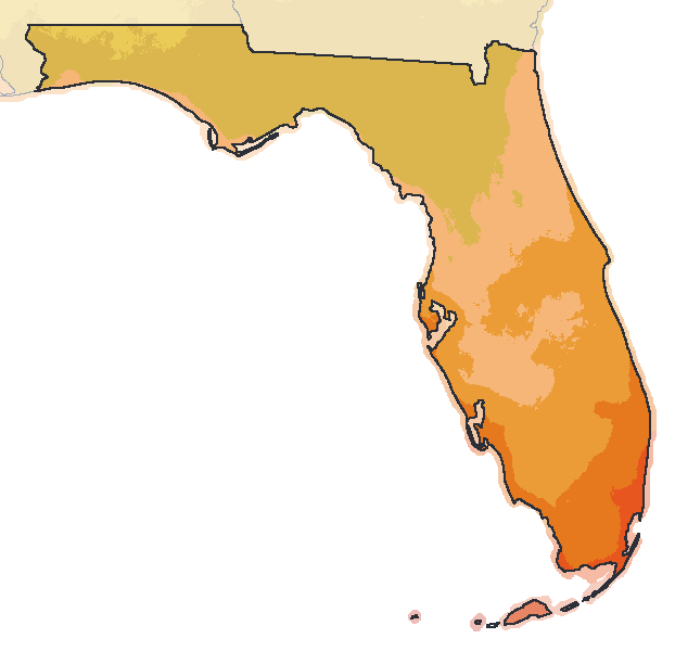 Map of the 2023 plant hardiness zones across Florida, from zone 8b to zone 11b, with the state’s border drawn.