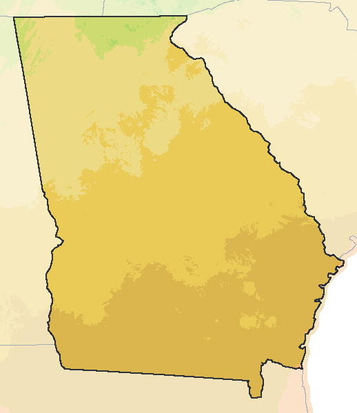 Map of the 2023 plant hardiness zones across Georgia, from zone 7a to zone 9b, with the state’s border drawn.