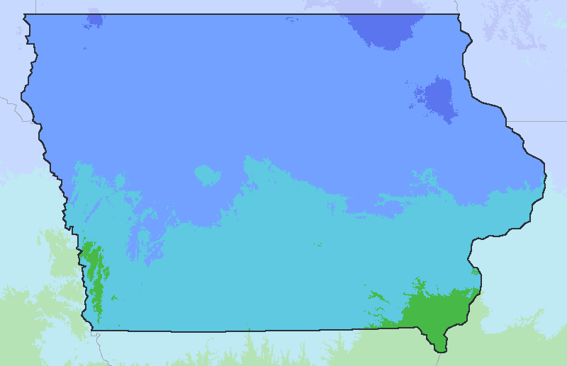 Map of the 2023 plant hardiness zones across Iowa, from zone 4b to zone 6a, with the state’s border drawn.