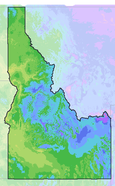 Map of the 2023 plant hardiness zones across Idaho, from zone 3b to zone 8a, with the state’s border drawn.