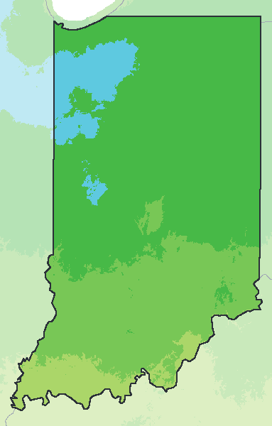 Map of the 2023 plant hardiness zones across Indiana, from zone 5b to zone 7a, with the state’s border drawn.