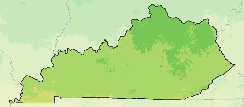 Map of the 2023 plant hardiness zones across Kentucky, from zone 6b to zone 7b, with the state’s border drawn.