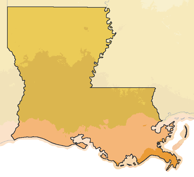 Map of the 2023 plant hardiness zones across Louisiana, from zone 8b to zone 10a, with the state’s border drawn.