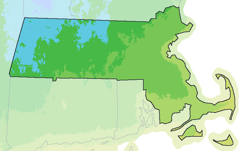 Map of the 2023 plant hardiness zones across Massachusetts, from zone 5b to zone 7b, with the state’s border drawn.