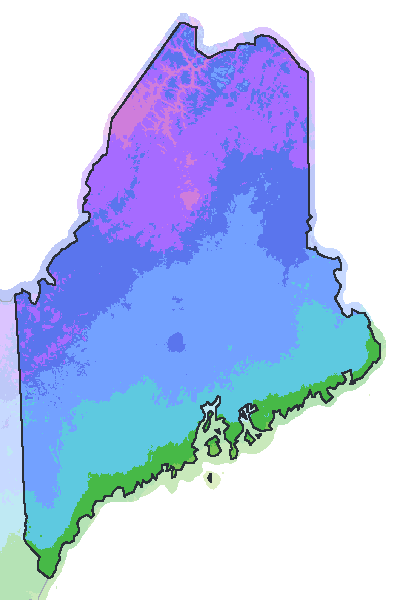 Map of the 2023 plant hardiness zones across Maine, from zone 3b to zone 6b, with the state’s border drawn.