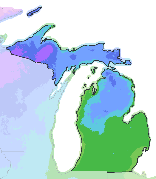Map of the 2023 plant hardiness zones across Michigan, from zone 4a to zone 7a, with the state’s border drawn.