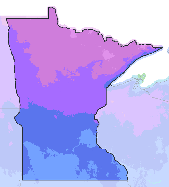 Map of the 2023 plant hardiness zones across Minnesota, from zone 3a to zone 5a, with the state’s border drawn.