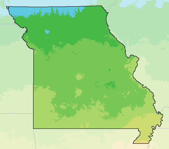 Map of the 2023 plant hardiness zones across Missouri, from zone 5b to zone 8a, with the state’s border drawn.