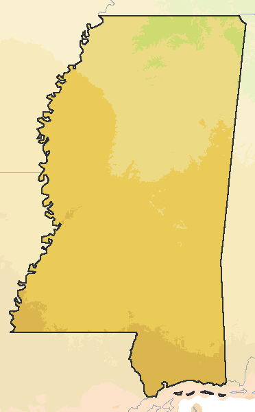 Map of the 2023 plant hardiness zones across Mississippi, from zone 7b to zone 9b, with the state’s border drawn.