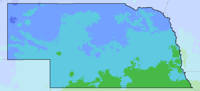 Map of the 2023 plant hardiness zones across Nebraska, from zone 4b to zone 6a, with the state’s border drawn.