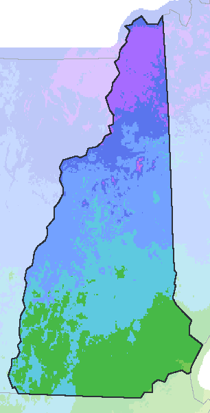 Map of the 2023 plant hardiness zones across New Hampshire, from zone 3b to zone 6b, with the state’s border drawn.