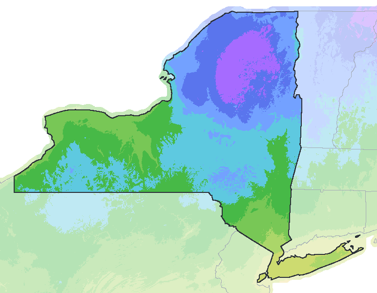 Map of the 2023 plant hardiness zones across New York, from zone 4a to zone 7b, with the state’s border drawn.