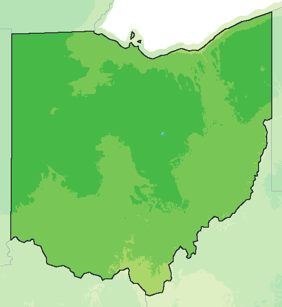 Map of the 2023 plant hardiness zones across Ohio, from zone 5b to zone 7a, with the state’s border drawn.
