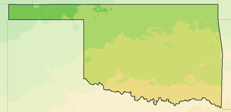 Map of the 2023 plant hardiness zones across Oklahoma, from zone 6b to zone 8b, with the state’s border drawn.