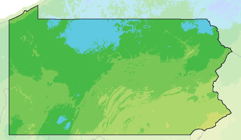 Map of the 2023 plant hardiness zones across Pennsylvania, from zone 5b to zone 8a, with the state’s border drawn.