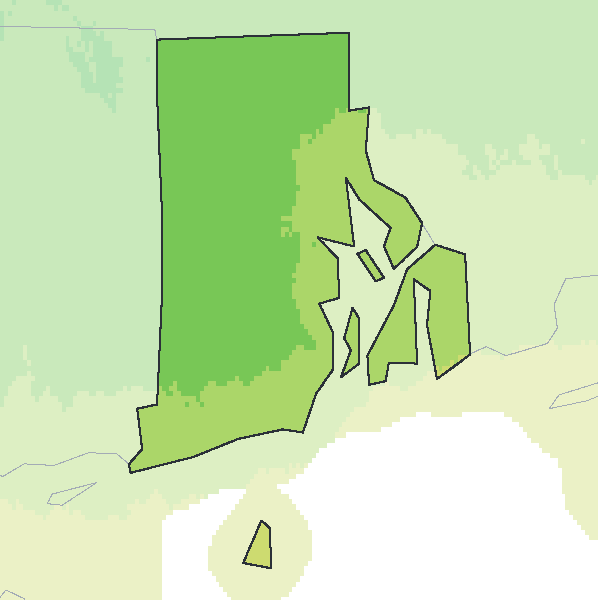 Map of the 2023 plant hardiness zones across Rhode Island, from zone 6b to zone 7b, with the state’s border drawn.