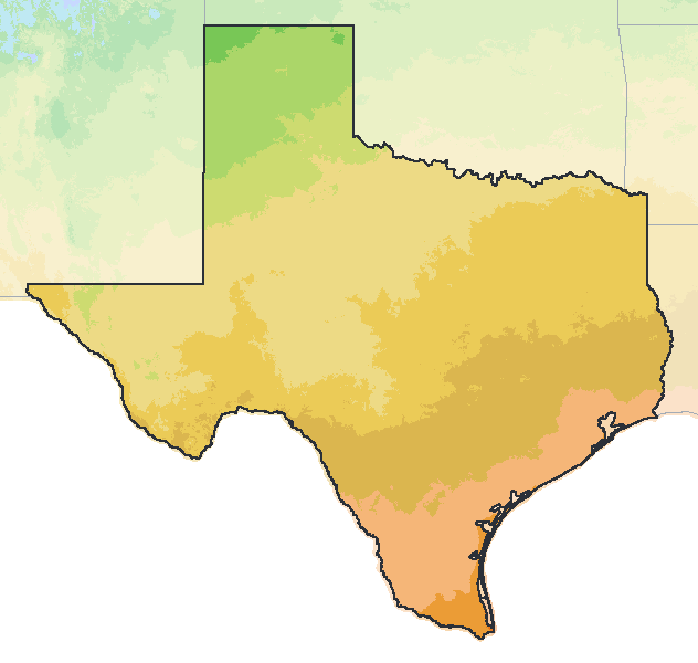 Map of the 2023 plant hardiness zones across Texas, from zone 6b to zone 10b, with the state’s border drawn.