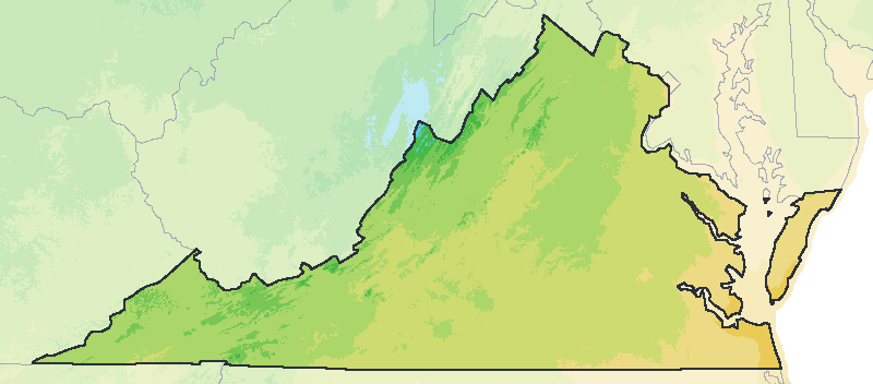 Map of the 2023 plant hardiness zones across Virginia, from zone 5b to zone 8b, with the state’s border drawn.