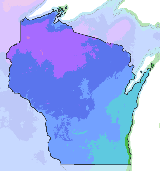 Map of the 2023 plant hardiness zones across Wisconsin, from zone 3b to zone 6a, with the state’s border drawn.