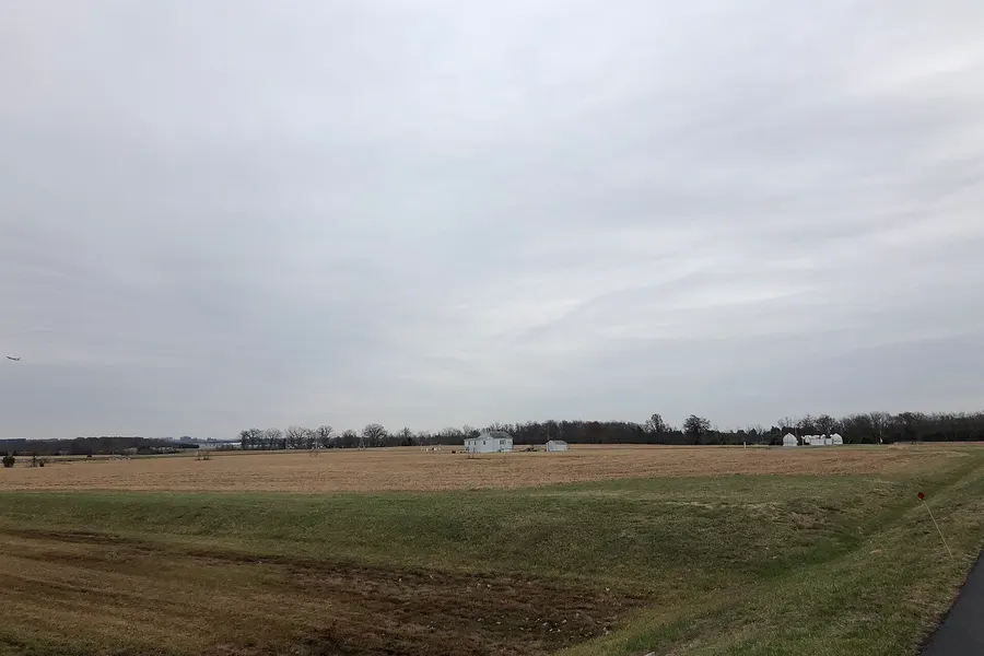 A uniform, pale gray overcast with no visible features over a wide, flat field and a line of distant trees.