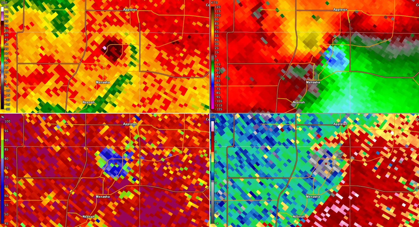 Four radar panels over Appleton, Menasha and Neenah, Wisconsin: reflectivity with a hook, storm-relative velocity with a tight red and green couplet, correlation coefficient with a blue hole, and differential reflectivity with a matching minimum.