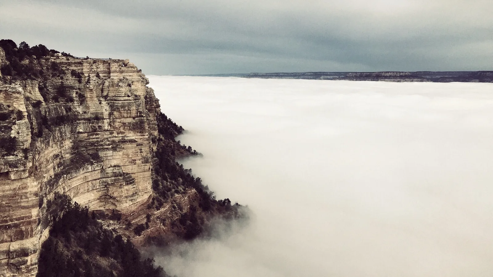 A sheer, layered cliff of the Grand Canyon rim on the left, with the canyon below filled to the brim by a flat white sea of fog under a gray sky.