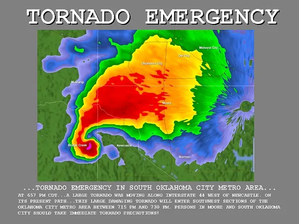 NWS graphic reproducing the text of the first tornado emergency statement over a radar image of the storm.