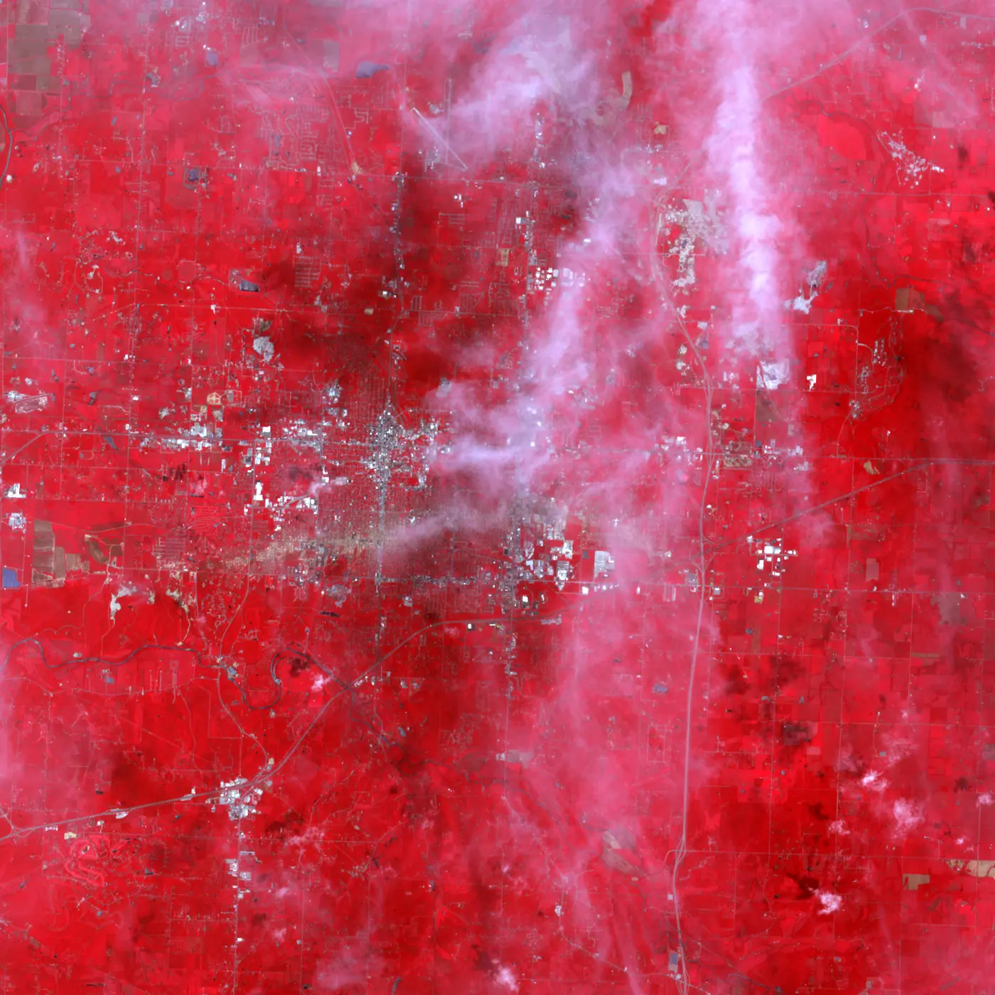False-colour satellite image of Joplin with a pale brown scar cutting across the city grid.