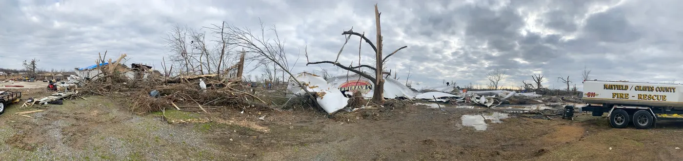 Wide panorama of a levelled Mayfield neighbourhood with debarked trees and houses reduced to rubble.