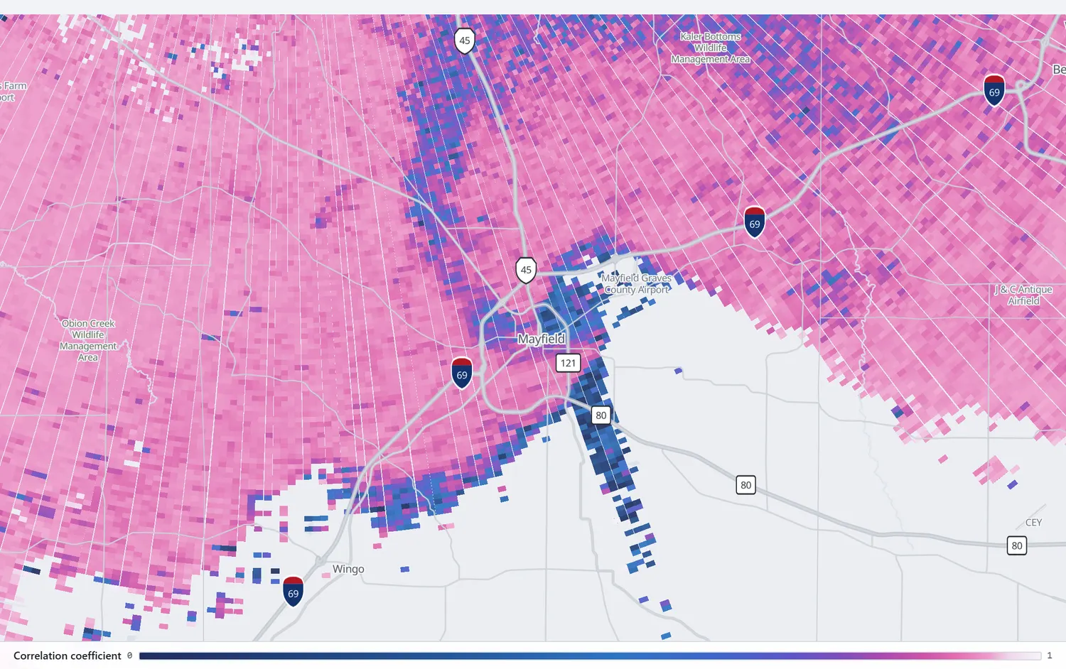 Correlation coefficient showing a sharply defined dark hole over Mayfield within uniform pink rain.