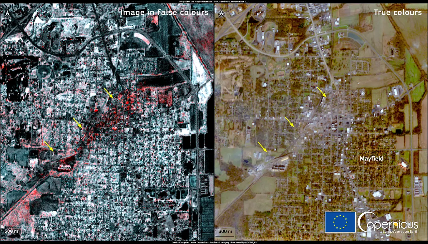 Satellite comparison of Mayfield before and after, with arrows tracing the damage scar diagonally across the town grid.