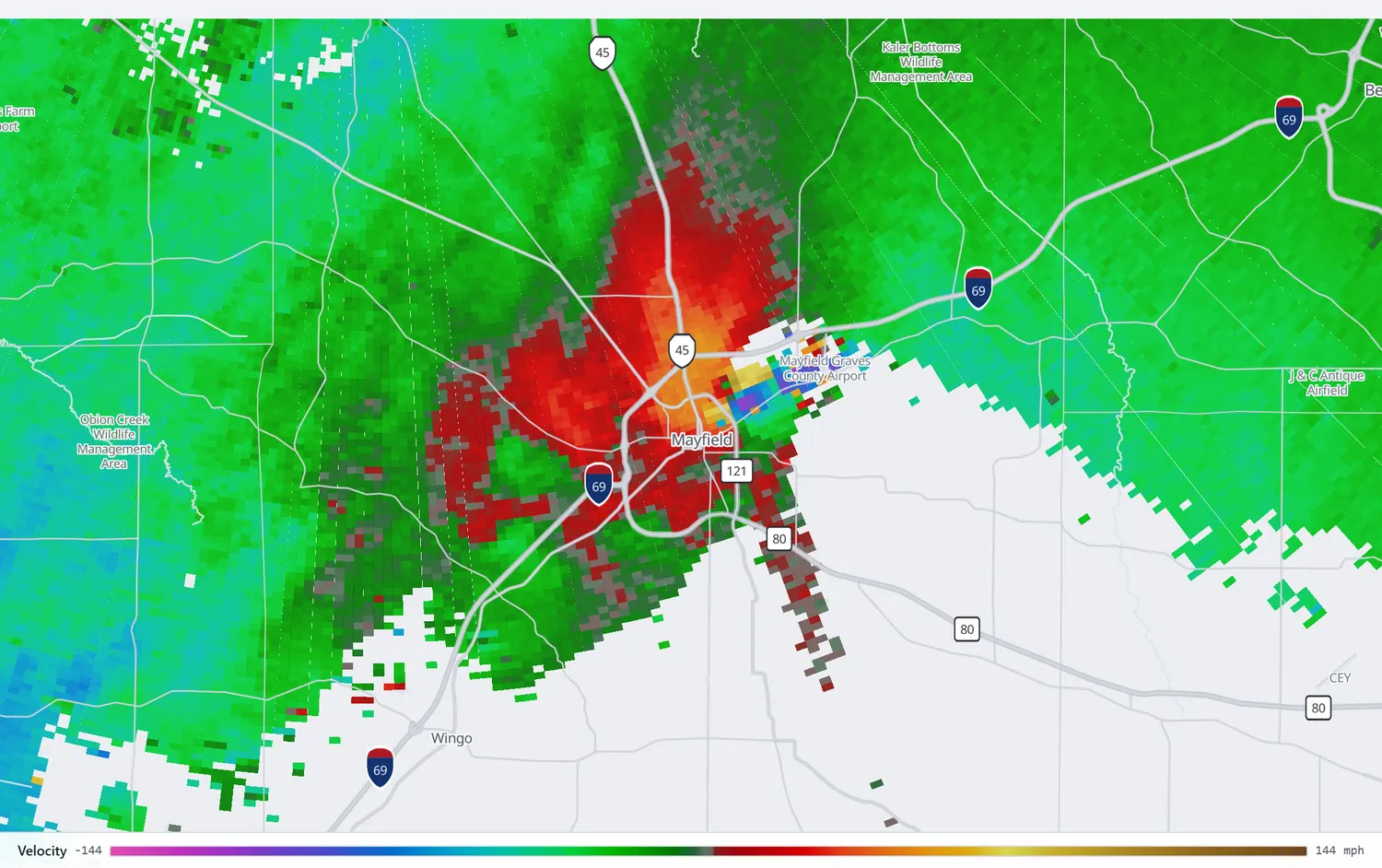 Radar velocity showing an intense couplet of inbound and outbound motion over Mayfield.