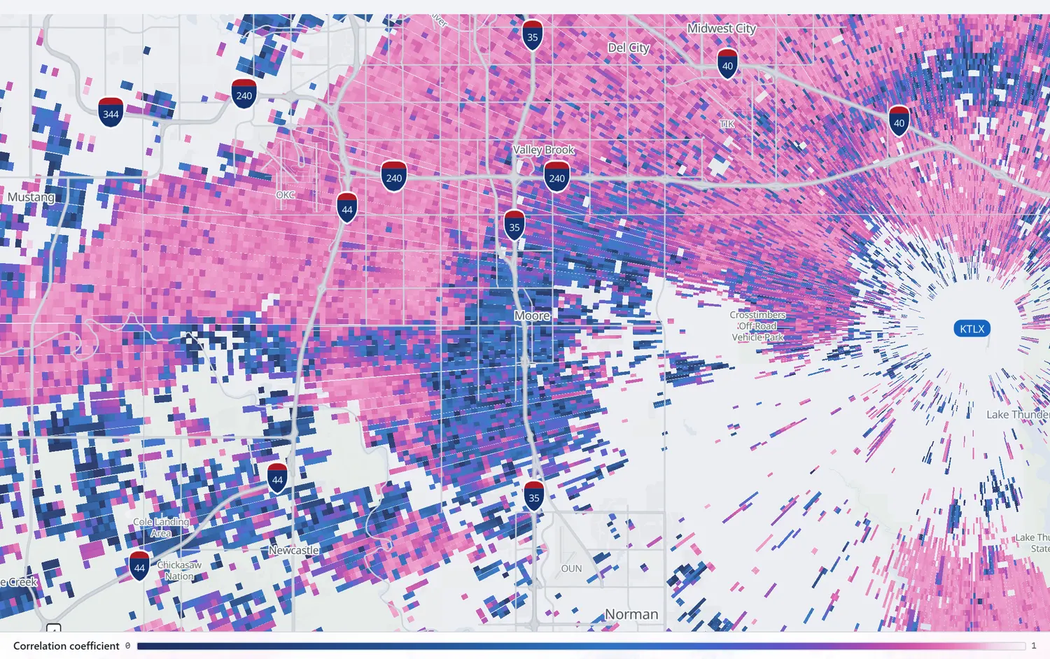 Correlation coefficient over Moore showing a dark blue hole in otherwise uniform pink rain.