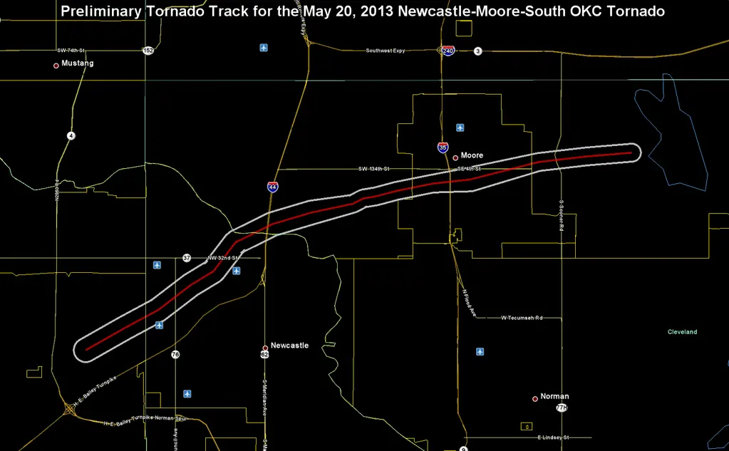 NWS map of the preliminary tornado track from Newcastle through Moore to south Oklahoma City.