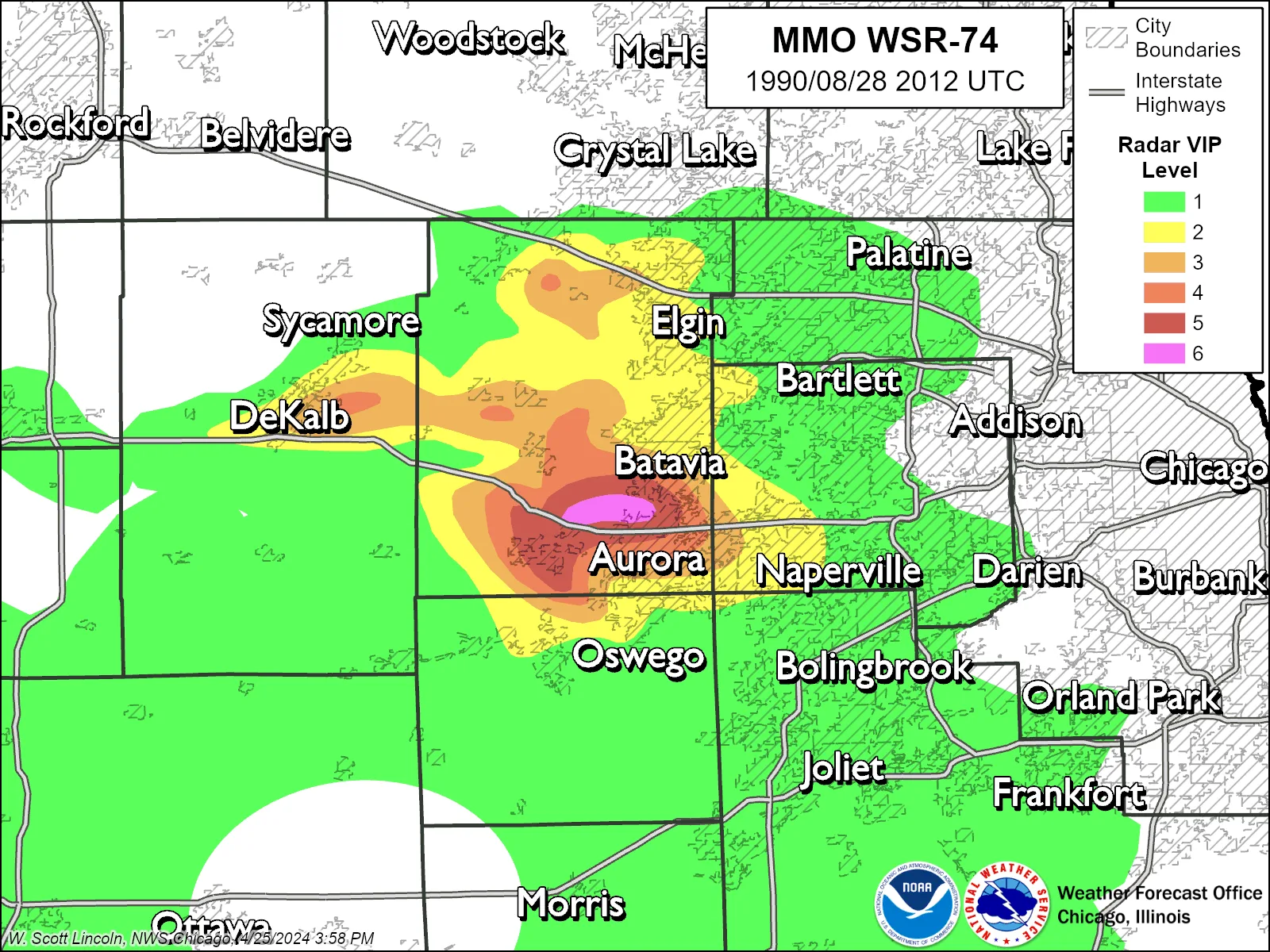 Reconstructed 1990 radar map of northern Illinois showing a storm in six colour levels between DeKalb and Aurora, with a small magenta level-6 core west of Batavia.