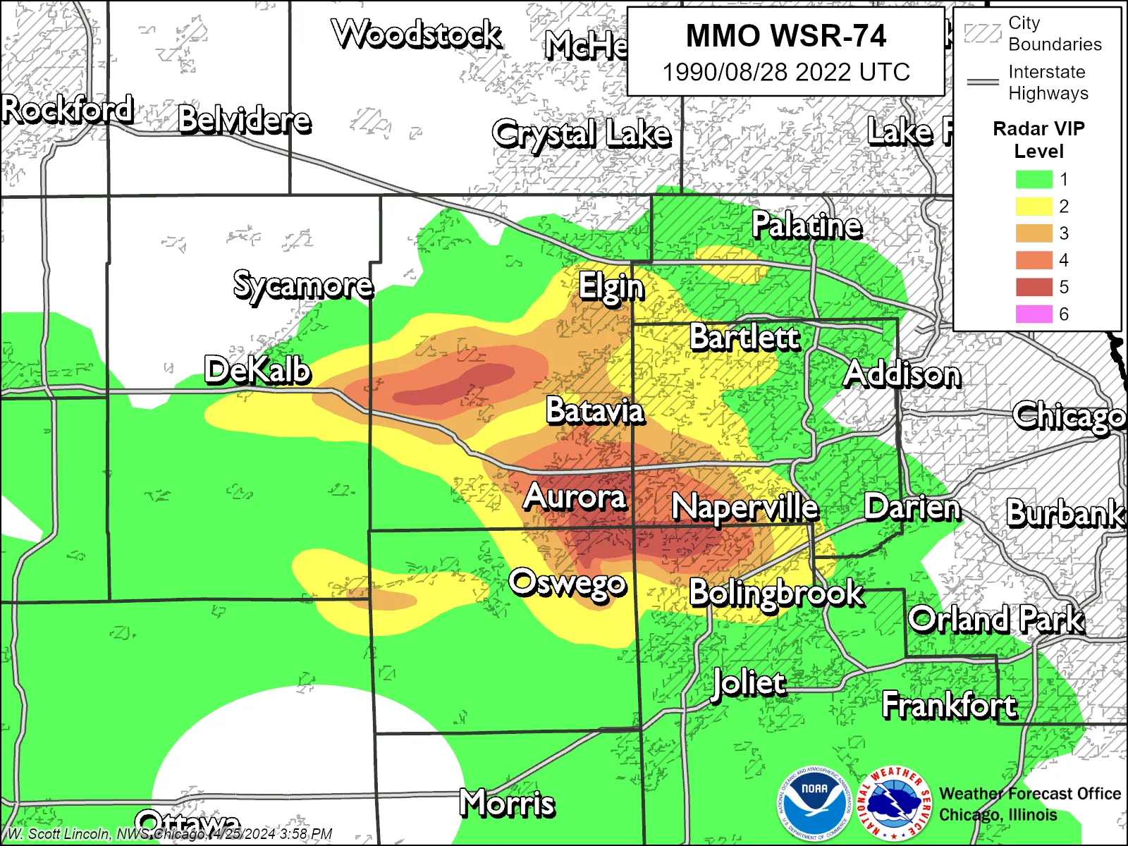 Reconstructed 1990 radar map showing the storm's strongest echoes stretched from DeKalb through Aurora to Naperville, with level-5 cores over Aurora and Naperville.