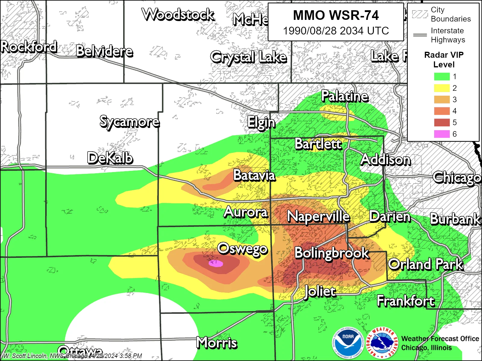 Reconstructed 1990 radar map showing a heavy precipitation core over Bolingbrook and Joliet and a small magenta level-6 core southwest of Oswego.