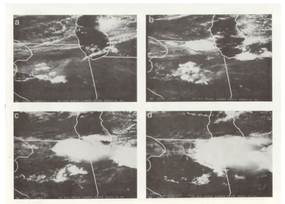 Four-panel black and white satellite image of a bright storm anvil growing over northern Illinois, with state outlines drawn over it.