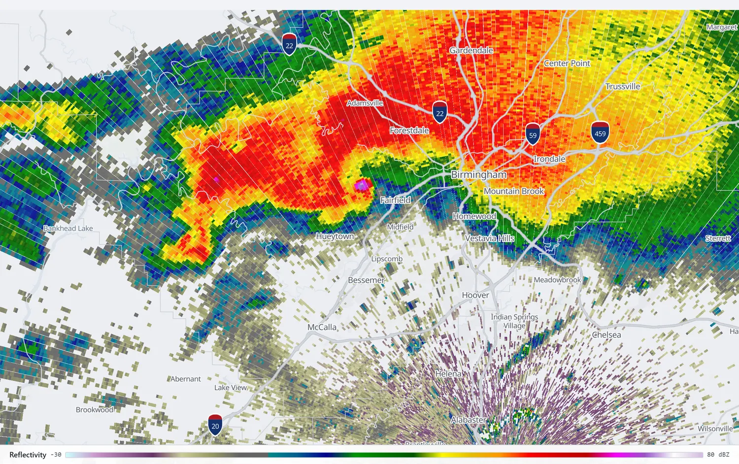 Radar reflectivity at wider range showing the supercell approaching the Birmingham metropolitan area.