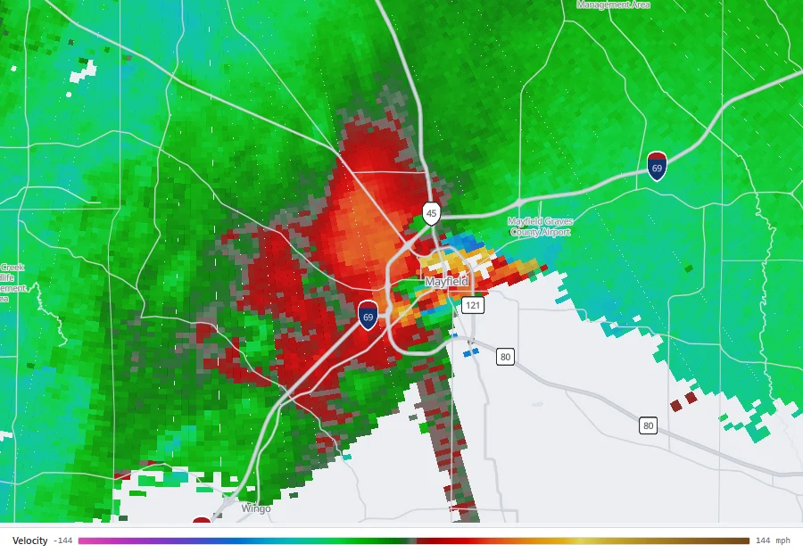 Radar velocity showing strong outbound and inbound returns immediately adjacent to each other over Mayfield, Kentucky.
